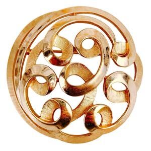 Vintage Signed Crown Trifari Gold Tone Swirl Brooch Mid Century Modern Domed Pin